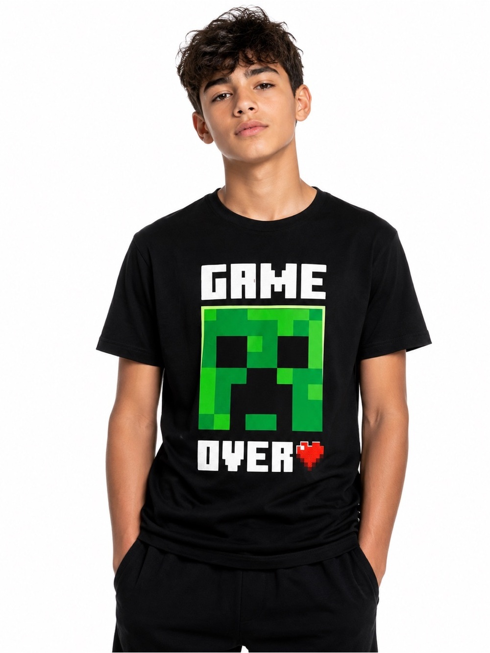 Black "Game Over" Graphic Tee with Green Pixel Art - Youth XL